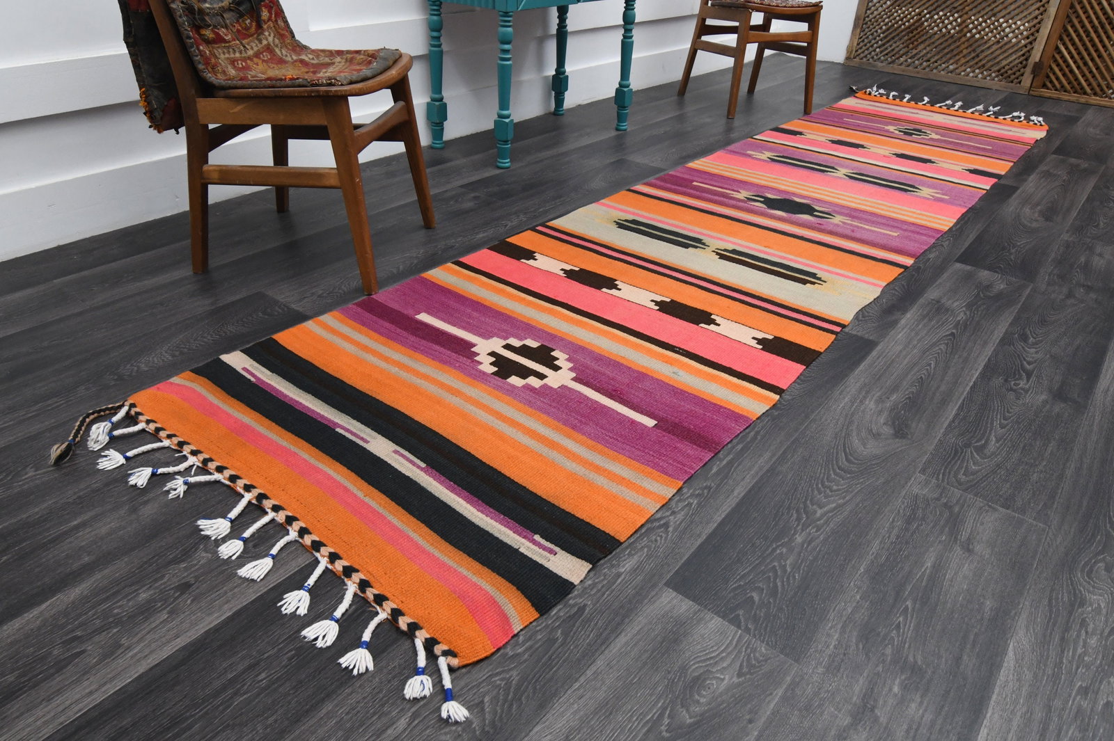 3x9.1 ft, TURKISH KILIM Runner: Title: 3x9.1 ft, TURKISH KILIM Runner Description: This Turkish one-of-a-kind Vintage Flatweave Kilim Rug is hand-knotted and handwoven by the most skilled artisans who use pure wool, in vibrant, natu