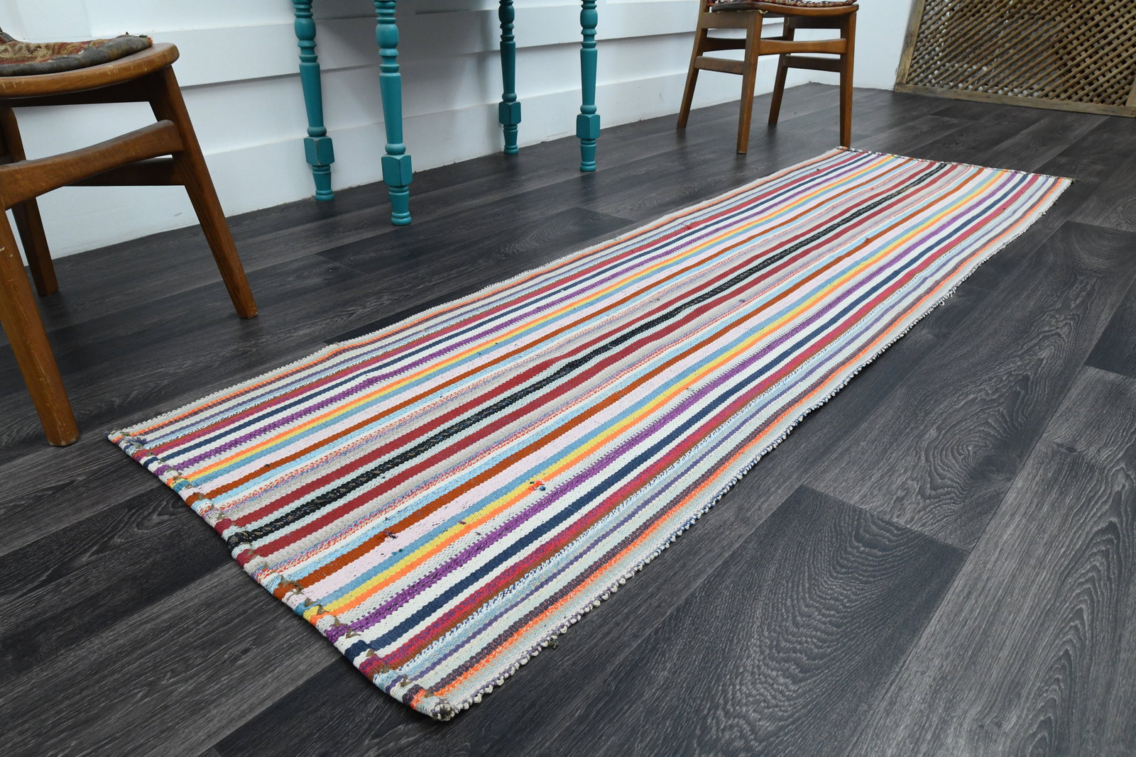 2.4x8.1 ft, Striped Kilim Rug: Title: 2.4x8.1 ft, Striped Kilim Rug Description: This Turkish one-of-a-kind Vintage Flatweave Kilim Rug is hand-knotted and handwoven by the most skilled artisans who use pure wool, in vibrant, natur