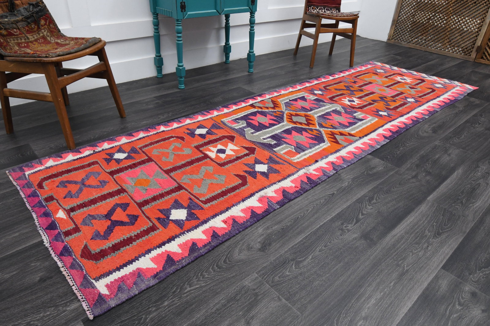 3.2x10.7 ft, TURKISH KILIM Runner: Title: 3.2x10.7 ft, TURKISH KILIM Runner Description: This Turkish one-of-a-kind Vintage Flatweave Kilim Rug is hand-knotted and handwoven by the most skilled artisans who use pure wool, in vibrant, n