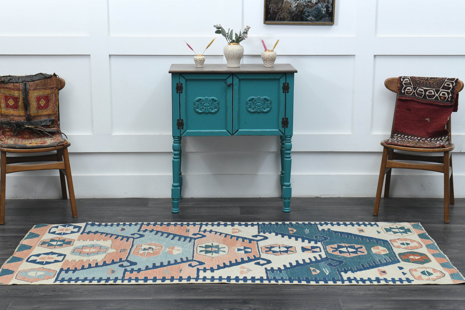 3x7 Beige Orange Turkish Rug: Title: 3x7 Beige Orange Turkish Rug Description: This Turkish one-of-a-kind Vintage Flatweave Kilim Rug is hand-knotted and handwoven by the most skilled artisans who use pure wool, in vibrant, natura