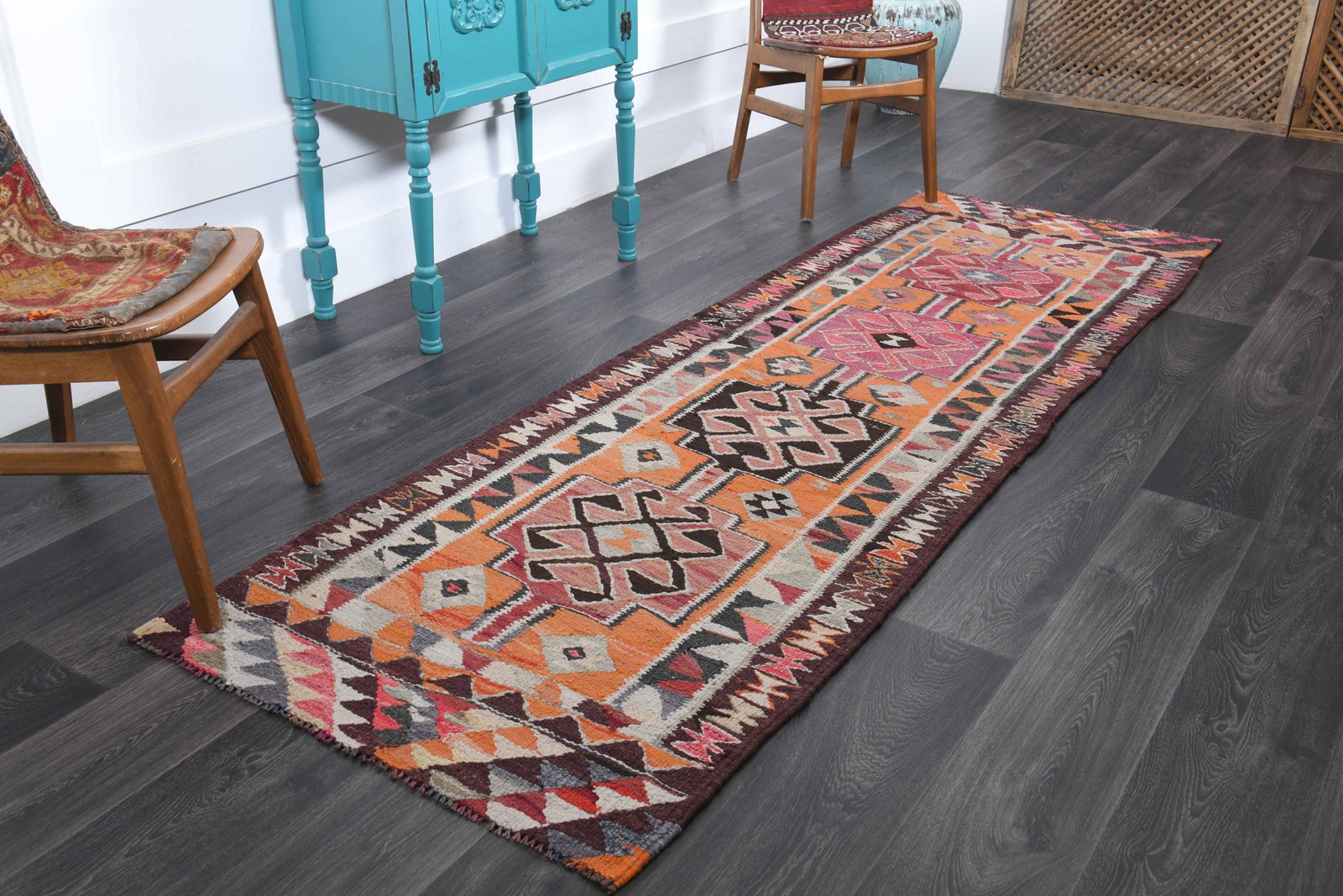 2.9x8.9 ft, TURKISH KILIM Runner: Title: 2.9x8.9 ft, TURKISH KILIM Runner Description: This Turkish one-of-a-kind Vintage Flatweave Kilim Rug is hand-knotted and handwoven by the most skilled artisans who use pure wool, in vibrant, na