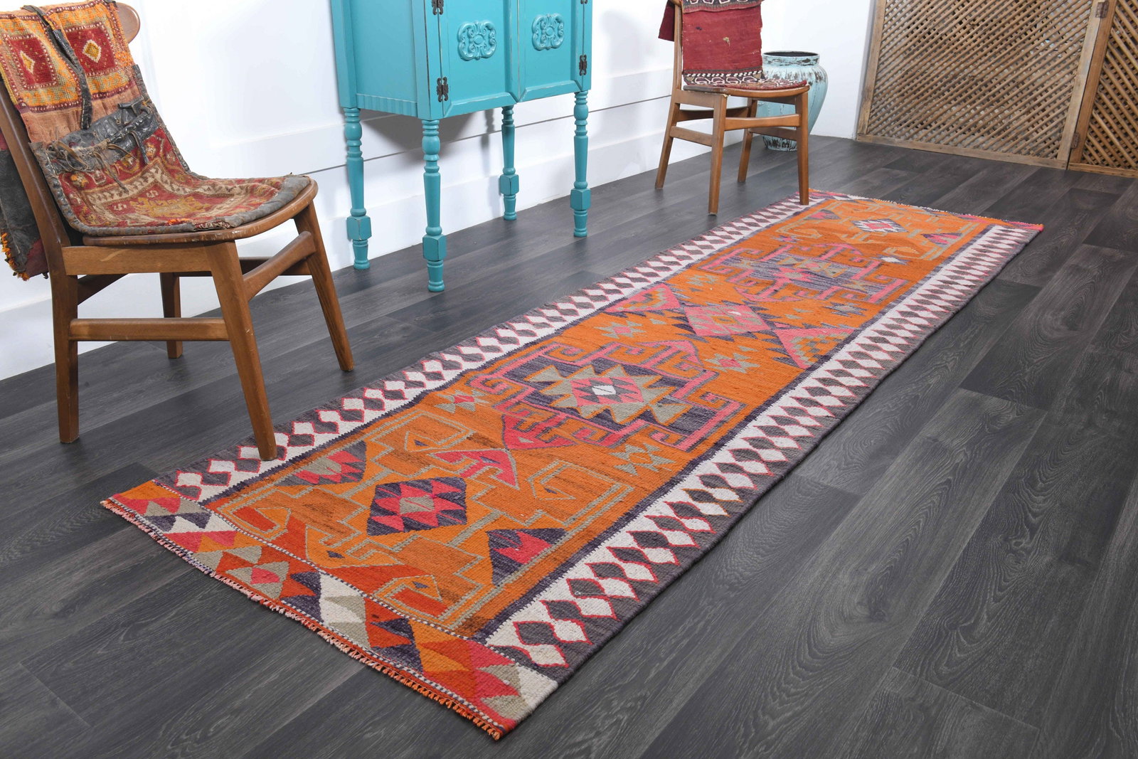 3.1x10 ft, TURKISH KILIM Runner: Title: 3.1x10 ft, TURKISH KILIM Runner Description: This Turkish one-of-a-kind Vintage Flatweave Kilim Rug is hand-knotted and handwoven by the most skilled artisans who use pure wool, in vibrant, nat