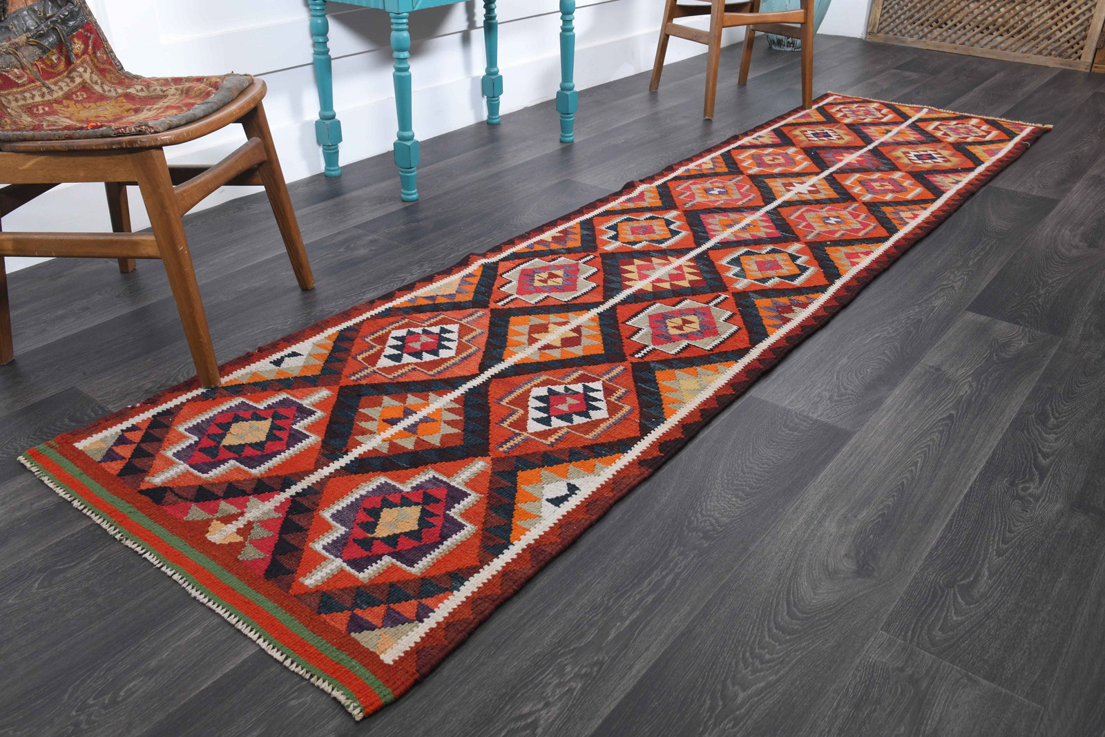 2.7x10.3 ft, TURKISH KILIM Runner: Title: 2.7x10.3 ft, TURKISH KILIM Runner Description: This Turkish one-of-a-kind Vintage Flatweave Kilim Rug is hand-knotted and handwoven by the most skilled artisans who use pure wool, in vibrant, n