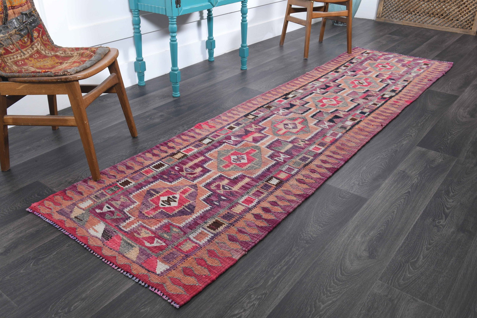 2.7x10 ft, TURKISH KILIM Runner: Title: 2.7x10 ft, TURKISH KILIM Runner Description: This Turkish one-of-a-kind Vintage Flatweave Kilim Rug is hand-knotted and handwoven by the most skilled artisans who use pure wool, in vibrant, nat