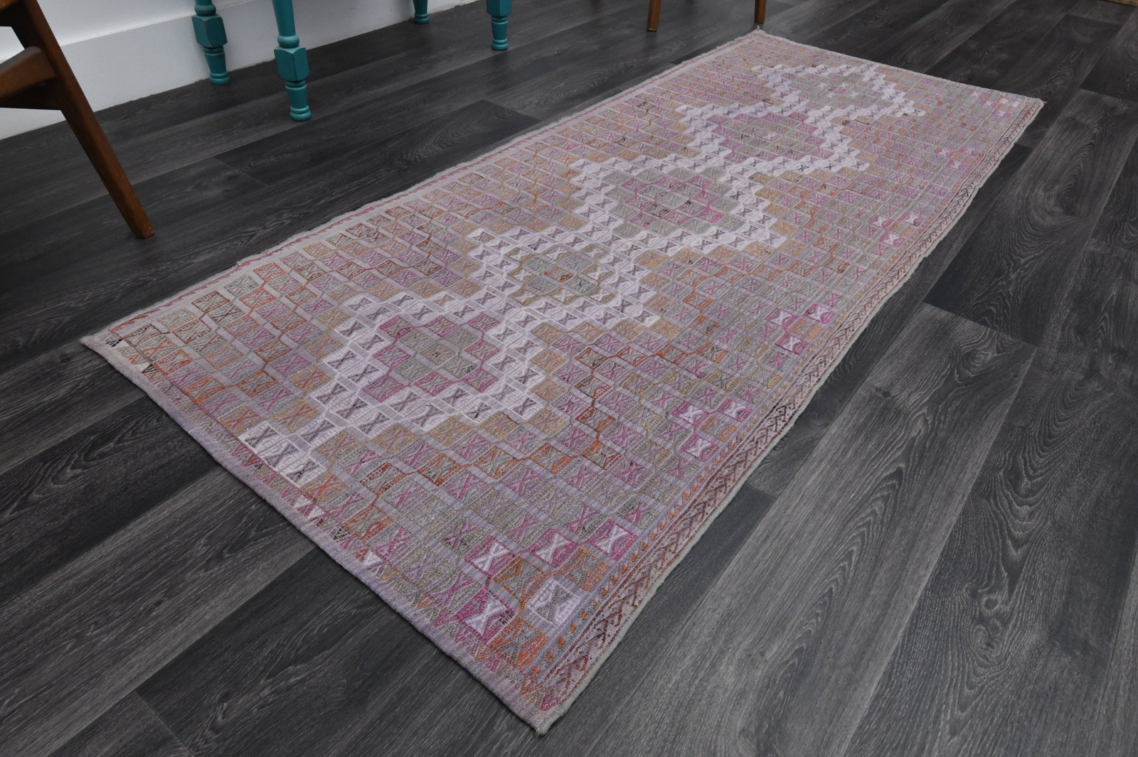 3.1x7.4 ft, TURKISH KILIM Runner: Title: 3.1x7.4 ft, TURKISH KILIM Runner Description: This Turkish one-of-a-kind Vintage Flatweave Kilim Rug is hand-knotted and handwoven by the most skilled artisans who use pure wool, in vibrant, na
