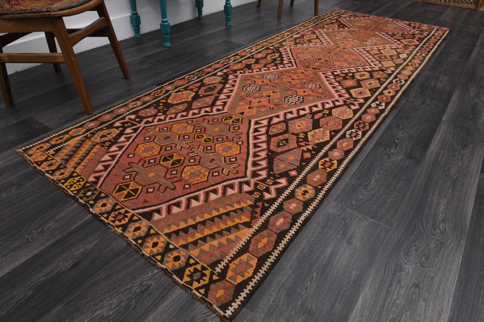 3.7x10.7 ft, TURKISH KILIM Runner: Title: 3.7x10.7 ft, TURKISH KILIM Runner Description: This Turkish one-of-a-kind Vintage Flatweave Kilim Rug is hand-knotted and handwoven by the most skilled artisans who use pure wool, in vibrant, n