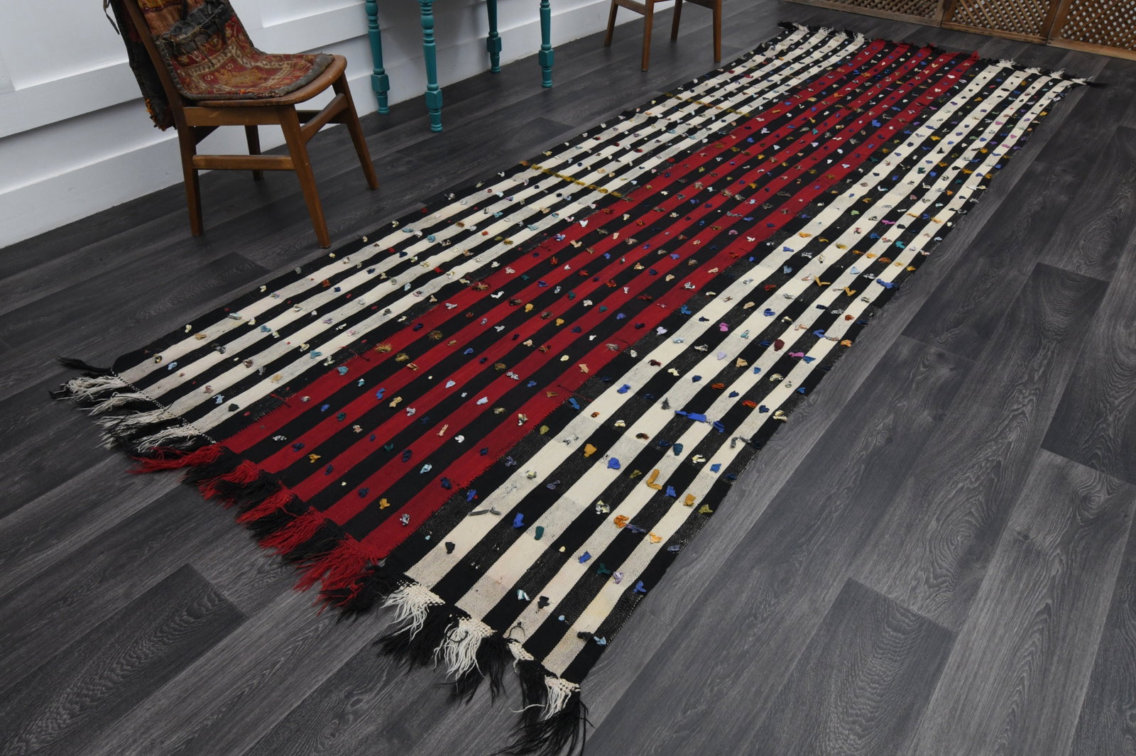 5x13.3 ft, TURKISH Wide Runner: Title: 5x13.3 ft, TURKISH Wide Runner Description: This Turkish one-of-a-kind Vintage Flatweave Kilim Rug is hand-knotted and handwoven by the most skilled artisans who use pure wool, in vibrant, natu