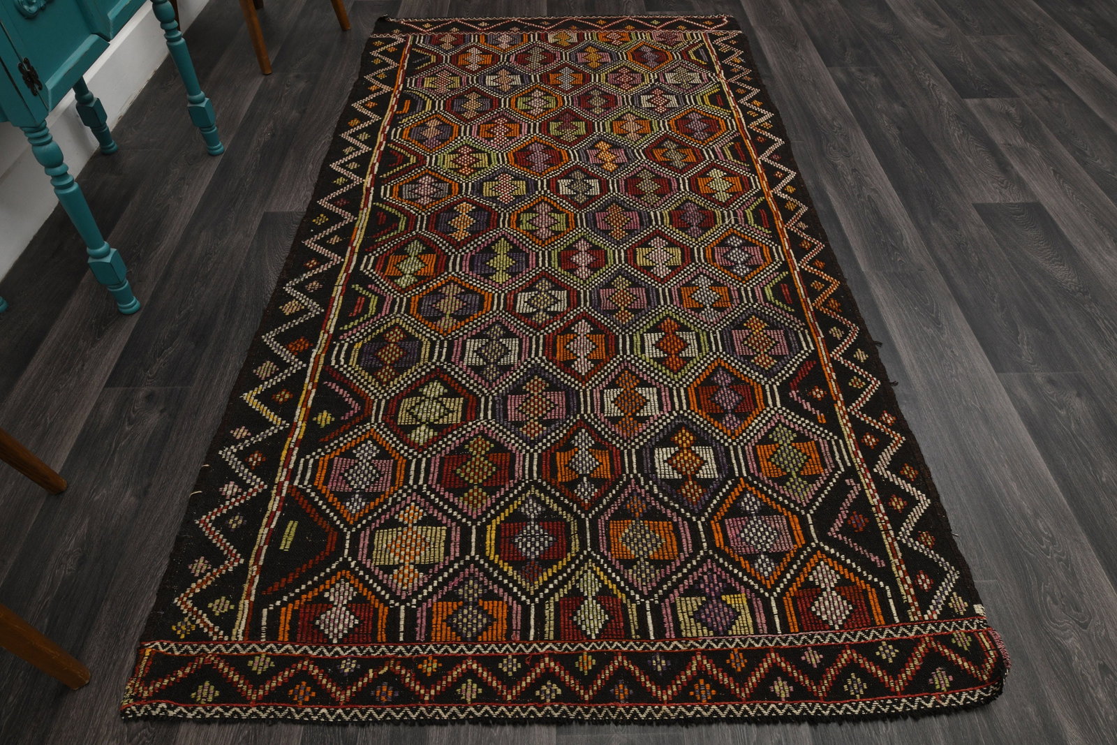 5x9 Black Colorful TURKISH Flatweave Kilim - 4