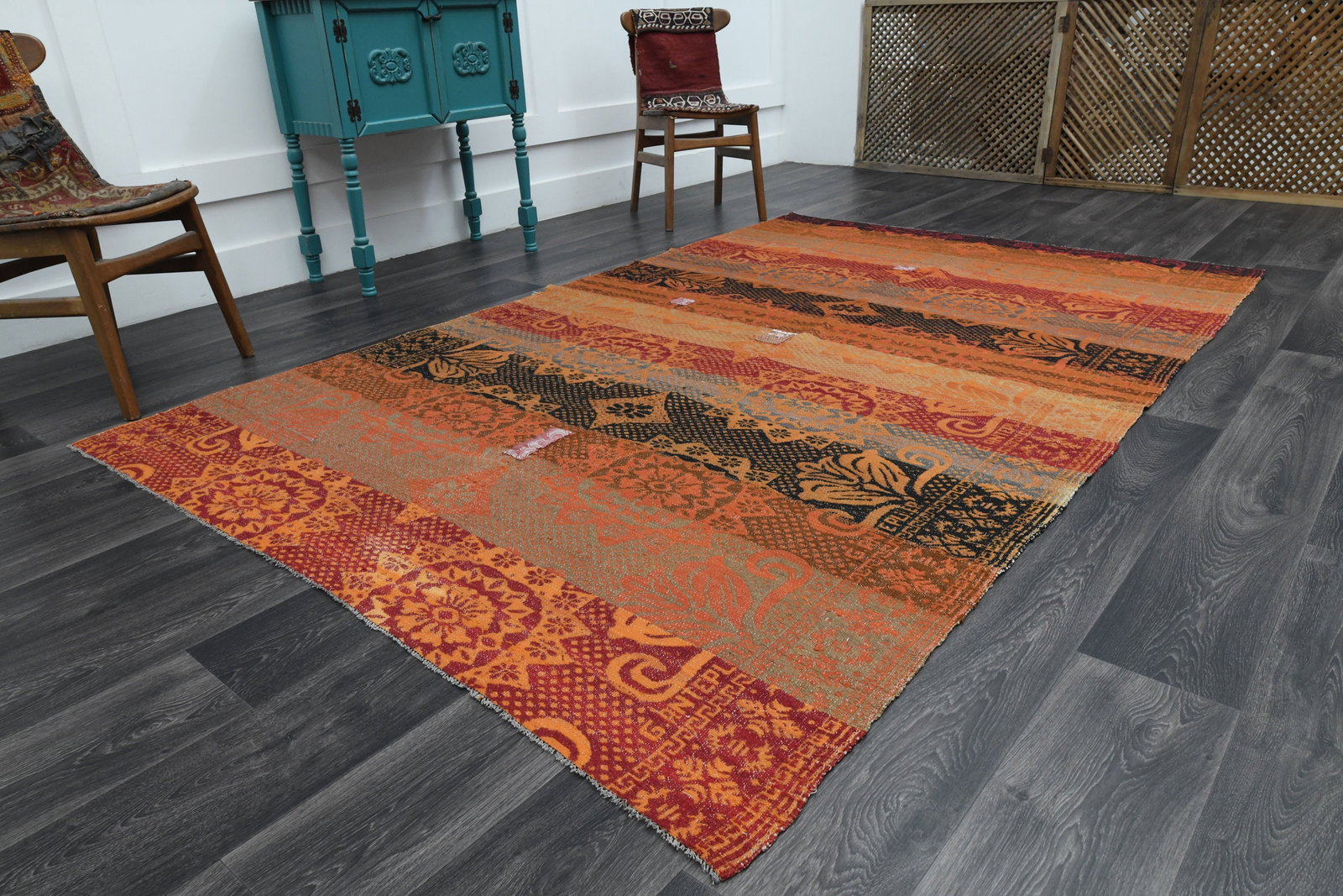 6x9.4 ft, TURKISH KILIM Rug: Title: 6x9.4 ft, TURKISH KILIM Rug Description: This Turkish one-of-a-kind Vintage Flatweave Kilim Rug is hand-knotted and handwoven by the most skilled artisans who use pure wool, in vibrant, natural