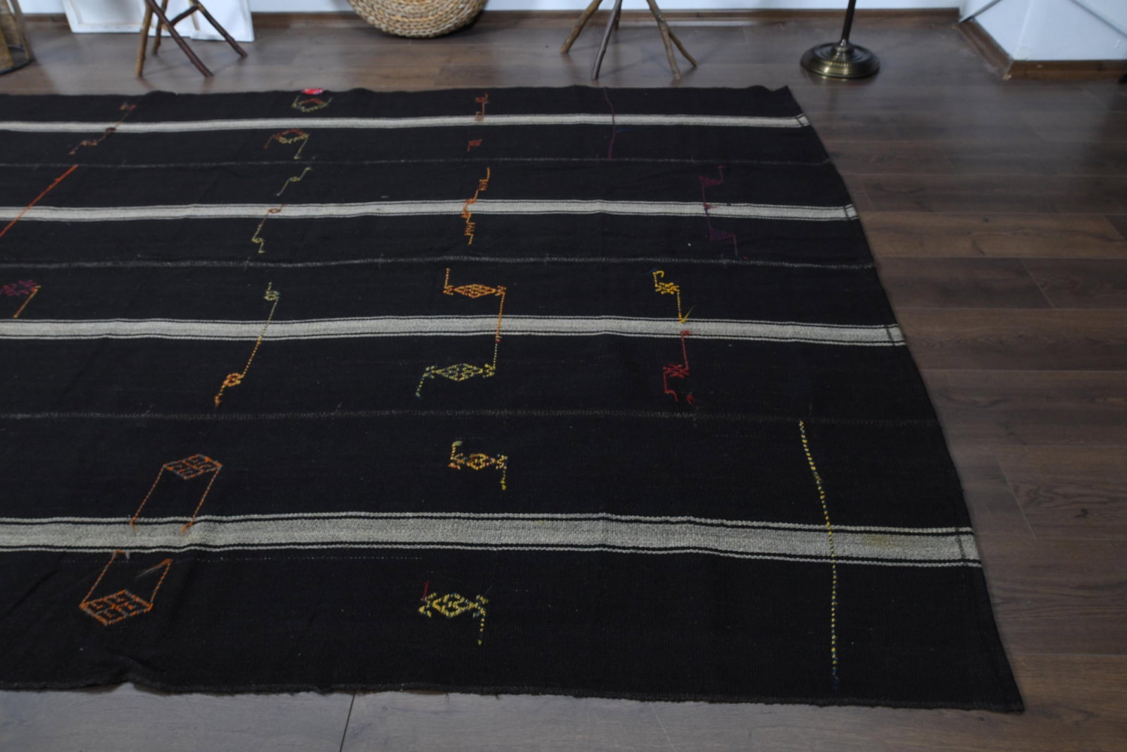 6'4x8'5 ft, BLACK STRIPED RUG: Title: 6'4x8'5 ft, BLACK STRIPED RUG Description: This Turkish one-of-a-kind Vintage Flatweave Kilim Rug is hand-knotted and handwoven by the most skilled artisans who use pure wool, in vibrant, natur