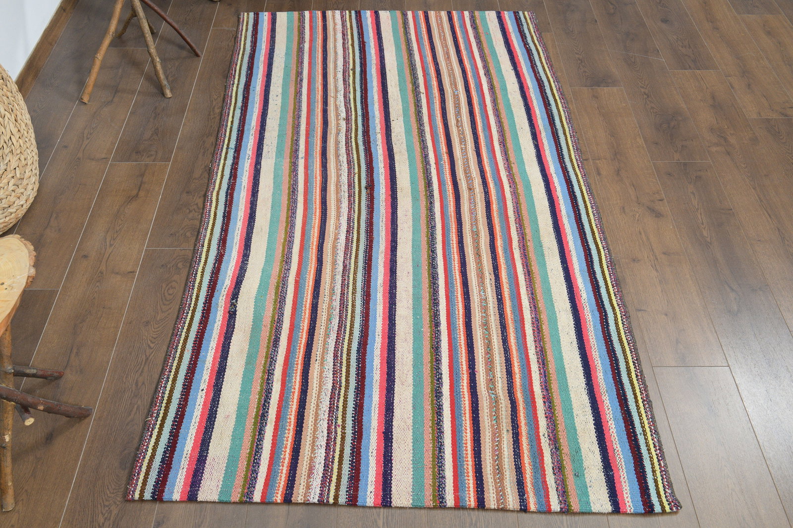 3'9x6'9 ft, COLORFUL TURKISH RUG: Title: 3'9x6'9 ft, COLORFUL TURKISH RUG Description: This Turkish one-of-a-kind Vintage Flatweave Kilim Rug is hand-knotted and handwoven by the most skilled artisans who use pure wool, in vibrant,