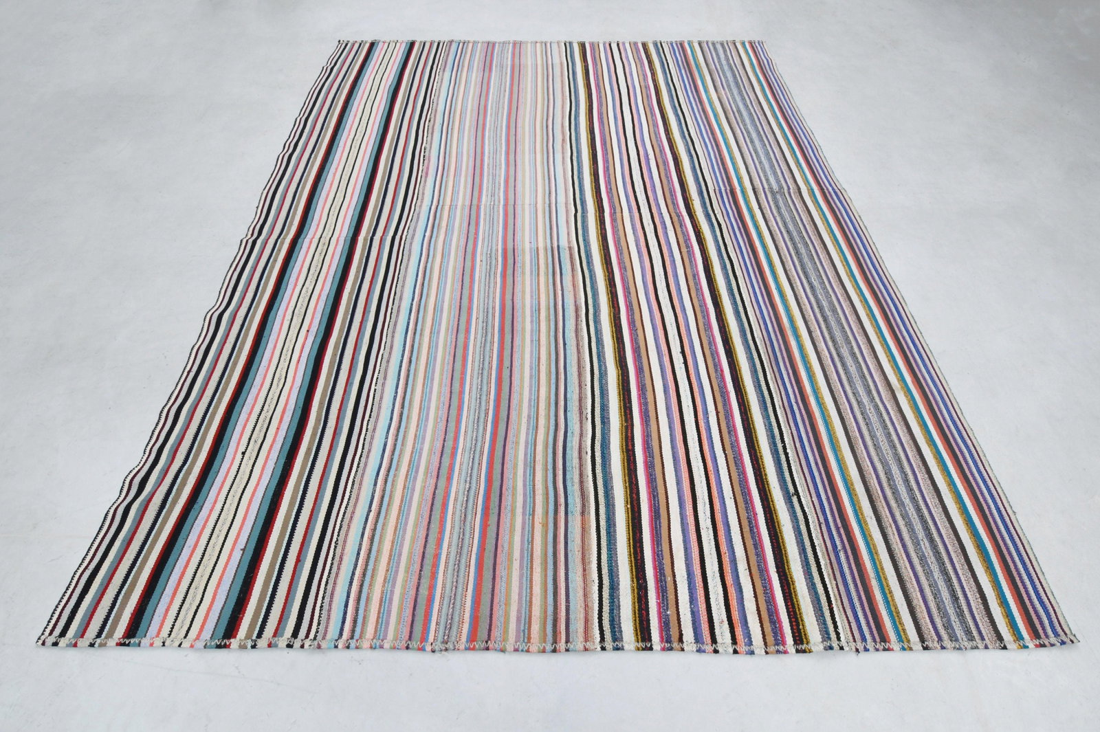 10.8x13.3 ft, RAINBOW KILIM RUG: Title: 10.8x13.3 ft, RAINBOW KILIM RUG Description: This Turkish one-of-a-kind Vintage Flatweave Kilim Rug is hand-knotted and handwoven by the most skilled artisans who use pure wool, in vibrant, nat
