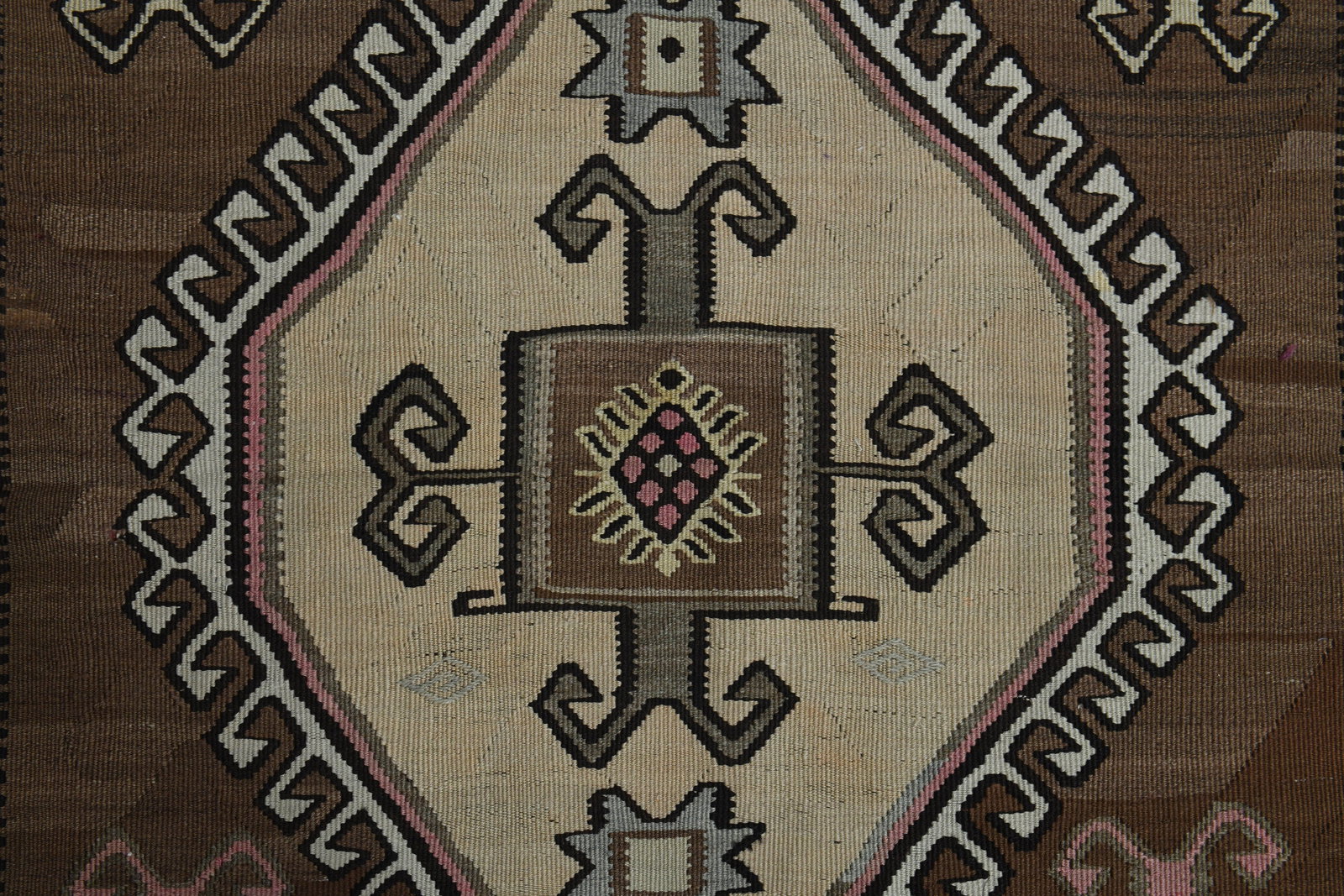 4'6x14'5 ft, BROWN BEIGE RUG: Title: 4'6x14'5 ft, BROWN BEIGE RUG Description: This Turkish one-of-a-kind Vintage Flatweave Kilim Rug is hand-knotted and handwoven by the most skilled artisans who use pure wool, in vibrant, natura