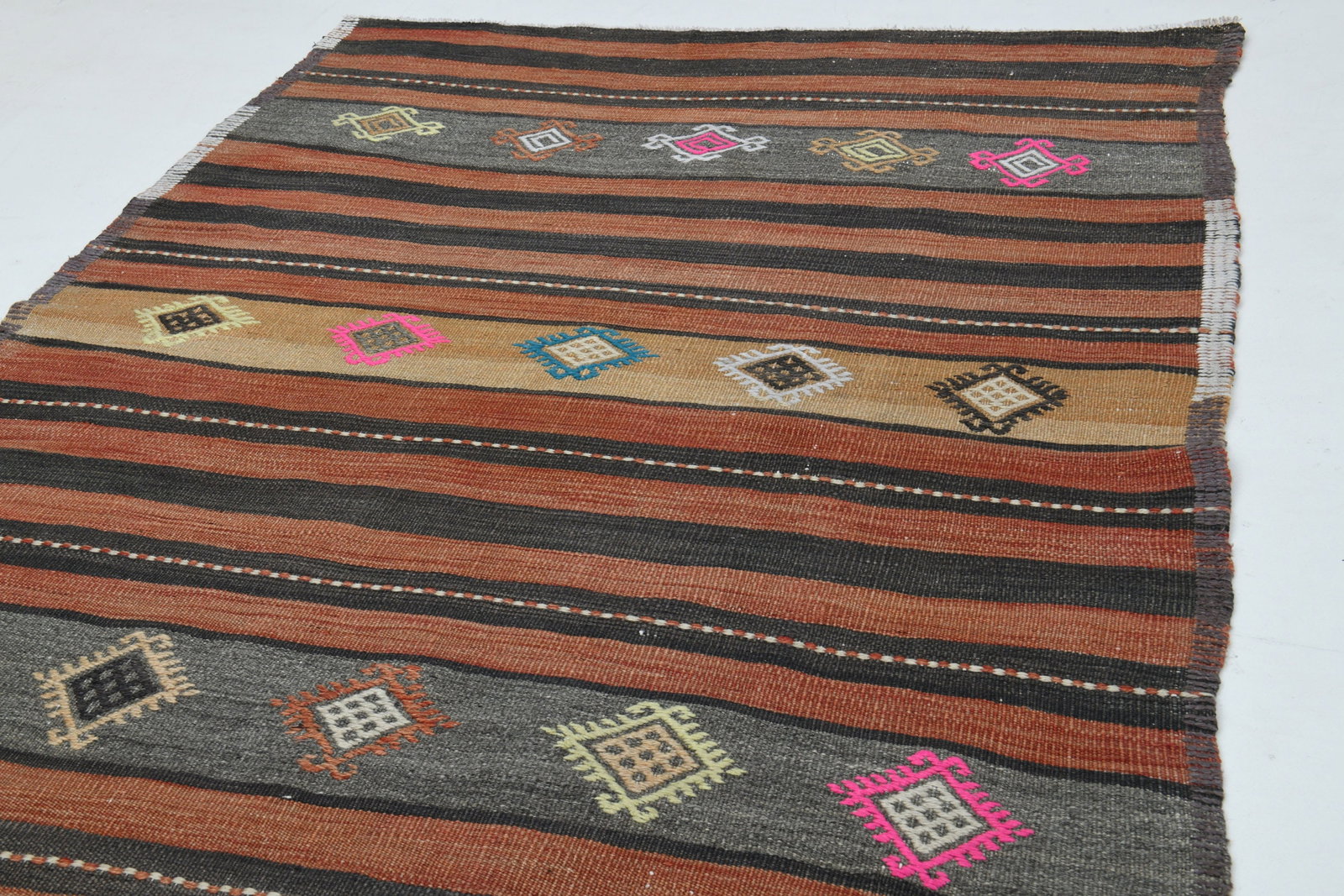 4.1x12.3 ft, TURKISH RUNNER RUG: Title: 4.1x12.3 ft, TURKISH RUNNER RUG Description: This Turkish one-of-a-kind Vintage Flatweave Kilim Rug is hand-knotted and handwoven by the most skilled artisans who use pure wool, in vibrant, nat