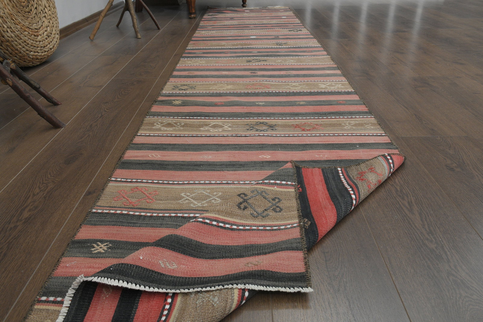 2'3x10'7 ft, STRIPED RUNNER RUG: Title: 2'3x10'7 ft, STRIPED RUNNER RUG Description: This Turkish one-of-a-kind Vintage Flatweave Kilim Rug is hand-knotted and handwoven by the most skilled artisans who use pure wool, in vibrant, nat