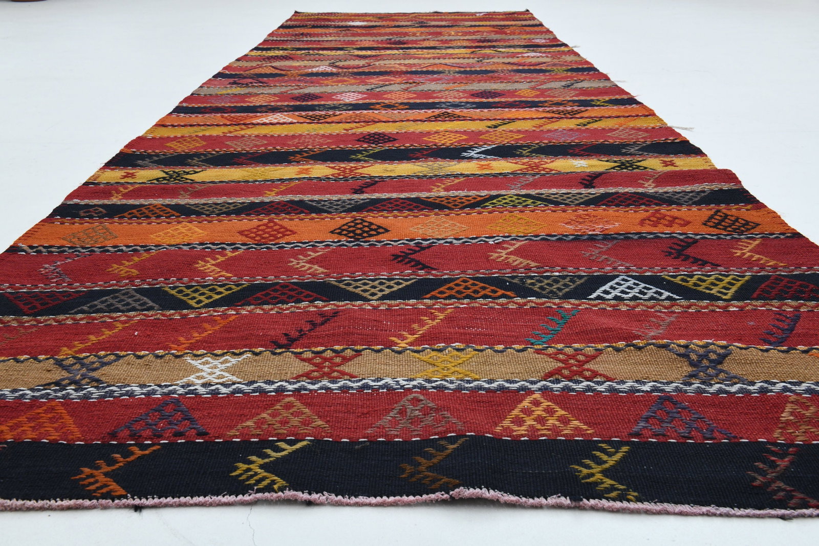 4.1x12.5 ft, COLORFUL RUG: Title: 4.1x12.5 ft, COLORFUL RUG Description: This Turkish one-of-a-kind Vintage Flatweave Kilim Rug is hand-knotted and handwoven by the most skilled artisans who use pure wool, in vibrant, natural t
