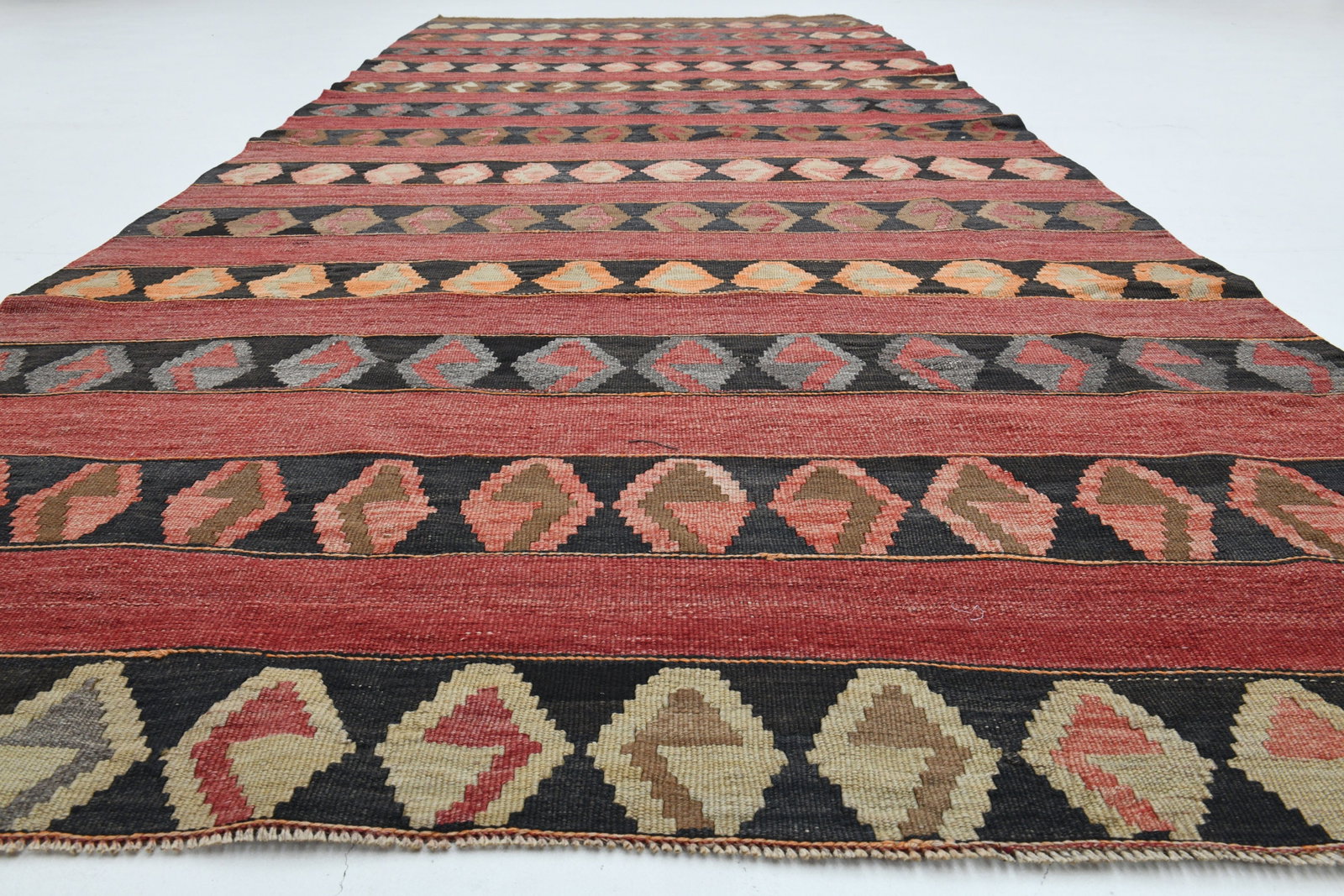 4.6x11.6 ft, RED KILIM RUNNER: Title: 4.6x11.6 ft, RED KILIM RUNNER Description: This Turkish one-of-a-kind Vintage Flatweave Kilim Rug is hand-knotted and handwoven by the most skilled artisans who use pure wool, in vibrant, natur