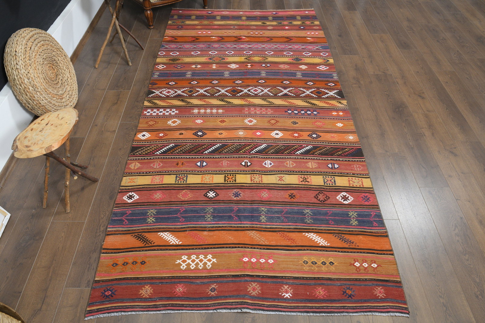 4'9x10'3 ft, VINTAGE TURKISH RUG: Title: 4'9x10'3 ft, VINTAGE TURKISH RUG Description: This Turkish one-of-a-kind Vintage Flatweave Kilim Rug is hand-knotted and handwoven by the most skilled artisans who use pure wool, in vibrant, na