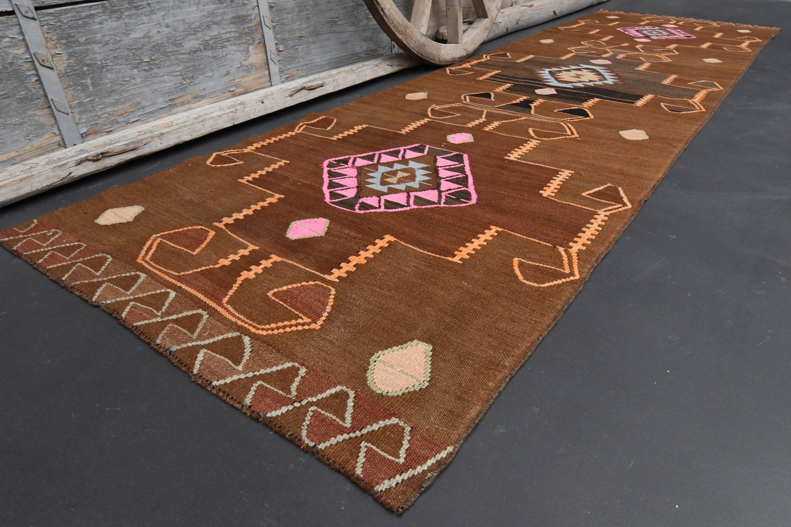 3'3x11'4 SHABBY DECOR KILIM: Title: 3'3x11'4 SHABBY DECOR KILIM Description: This Turkish one-of-a-kind Vintage Flatweave Kilim Rug is hand-knotted and handwoven by the most skilled artisans who use pure wool, in vibrant, natural