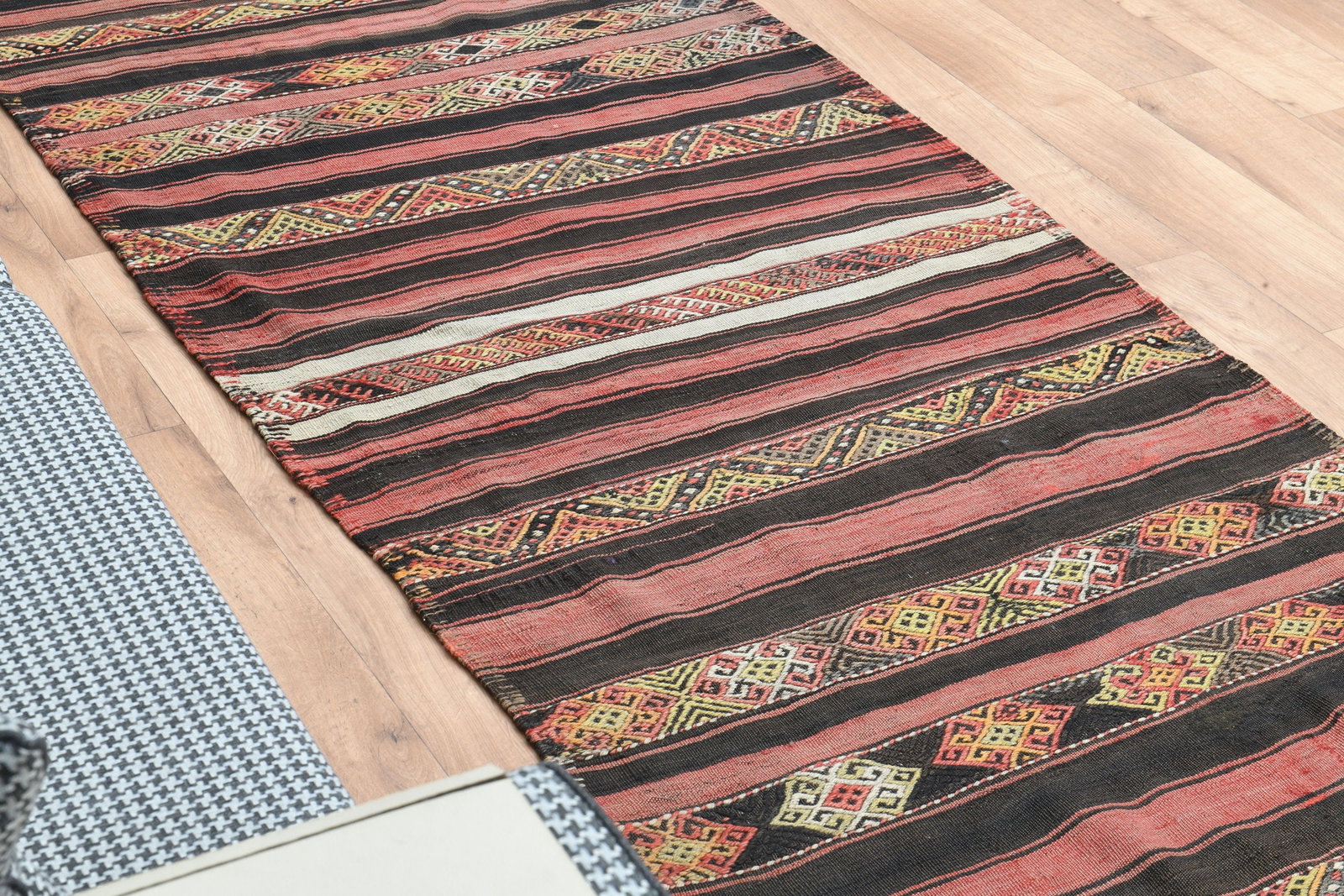 3.3x13.8 TURKISH Striped Runner Rug: Title: 3.3x13.8 TURKISH Striped Runner Rug Description: This Turkish one-of-a-kind Vintage Flatweave Kilim Rug is hand-knotted and handwoven by the most skilled artisans who use pure wool, in vibrant,
