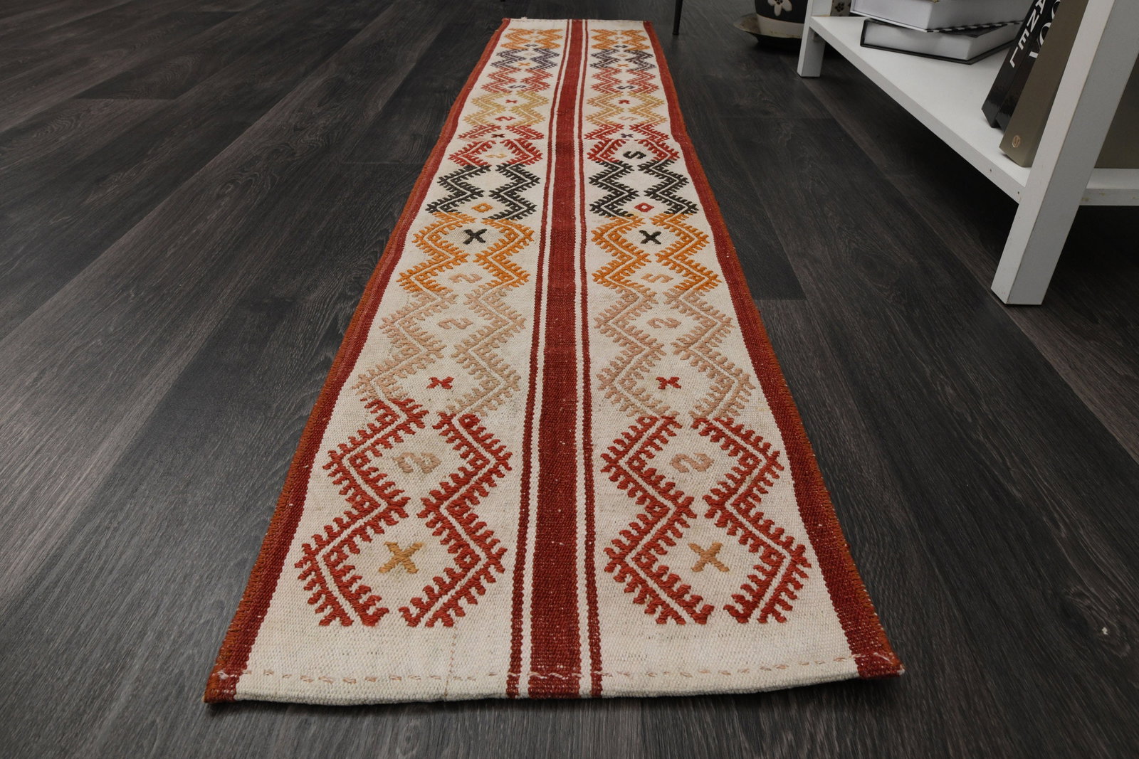 1.3x6.5 ft, IVORY DECOR, Wool Runner: Title: 1.3x6.5 ft, IVORY DECOR, Wool Runner Description: This Turkish one-of-a-kind Vintage Flatweave Kilim Rug is hand-knotted and handwoven by the most skilled artisans who use pure wool, in vibrant