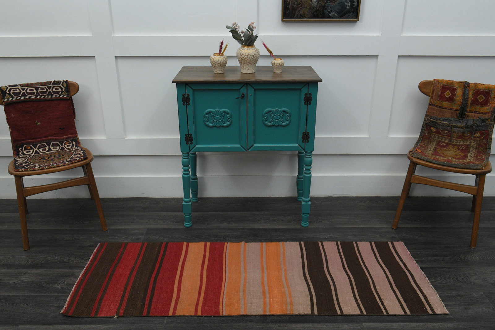 2x5.7 Ft, Narrow TURKISH Runner: Title: 2x5.7 Ft, Narrow TURKISH Runner Description: This Turkish one-of-a-kind Vintage Flatweave Kilim Rug is hand-knotted and handwoven by the most skilled artisans who use pure wool, in vibrant, nat