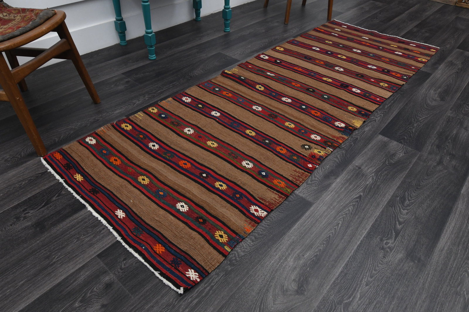 2.9x8.3 ft, TURKISH KILIM Runner: Title: 2.9x8.3 ft, TURKISH KILIM Runner Description: This Turkish one-of-a-kind Vintage Flatweave Kilim Rug is hand-knotted and handwoven by the most skilled artisans who use pure wool, in vibrant,