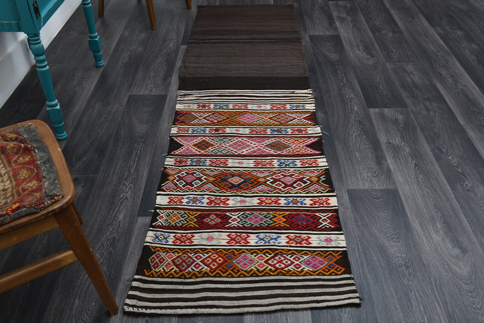 2.3x8.5 ft, TURKISH Runner: Title: 2.3x8.5 ft, TURKISH Runner Description: This Turkish one-of-a-kind Vintage Flatweave Kilim Rug is hand-knotted and handwoven by the most skilled artisans who use pure wool, in vibrant, natural 