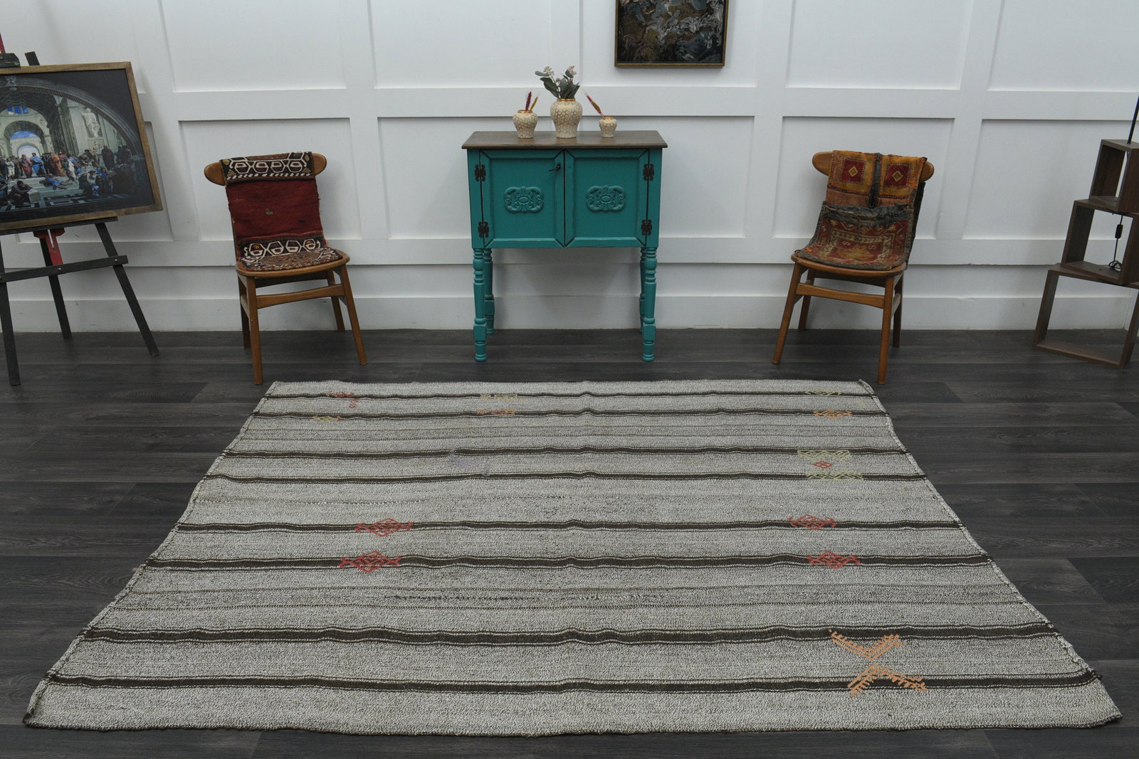 5.9x7.7 ft, TURKISH Rug, Kilim: Title: 5.9x7.7 ft, TURKISH Rug, Kilim Description: This Turkish one-of-a-kind Vintage Flatweave Kilim Rug is hand-knotted and handwoven by the most skilled artisans who use pure wool, in vibrant,