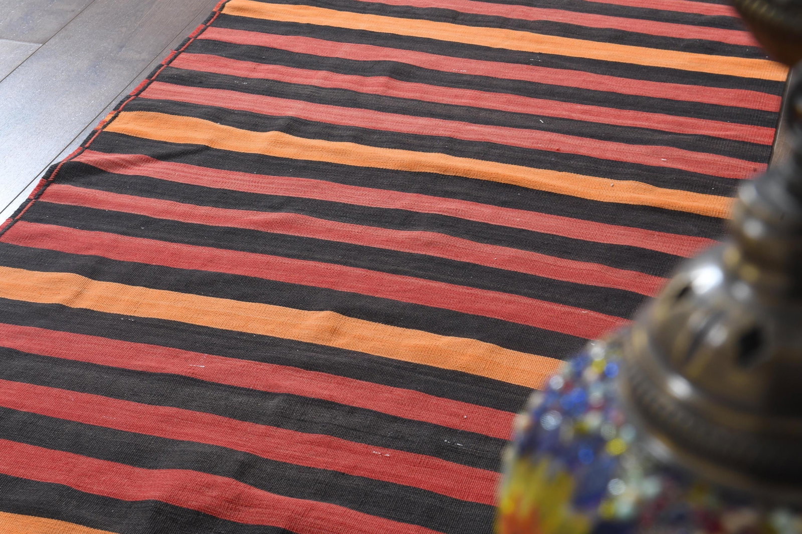 3.1x10.8 ft, STRIPED KILIM RUNNER: Title: 3.1x10.8 ft, STRIPED KILIM RUNNER Description: This Turkish one-of-a-kind Vintage Flatweave Kilim Rug is hand-knotted and handwoven by the most skilled artisans who use pure wool, in vibrant,