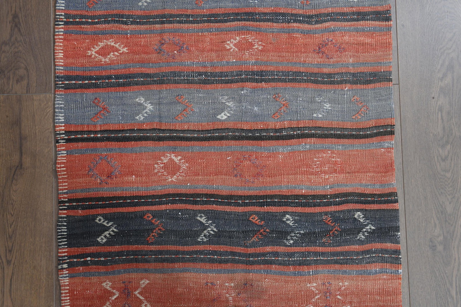2'4x11'1 ft, ORANGE BLUE STRIPED, Kilim Runner - 4
