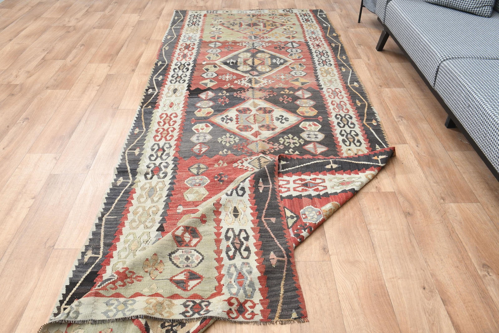 Vintage Tribal Runner Rug, Ethnic Carpet, Traditional Geometric Floor Covering, 4.3x11.6 ft,: Title: Vintage Tribal Runner Rug, Ethnic Carpet, Traditional Geometric Floor Covering, 4.3x11.6 ft, Geometric Pattern, Colorful Home Accessory Description: This Turkish one-of-a-kind Vintage Flatweave