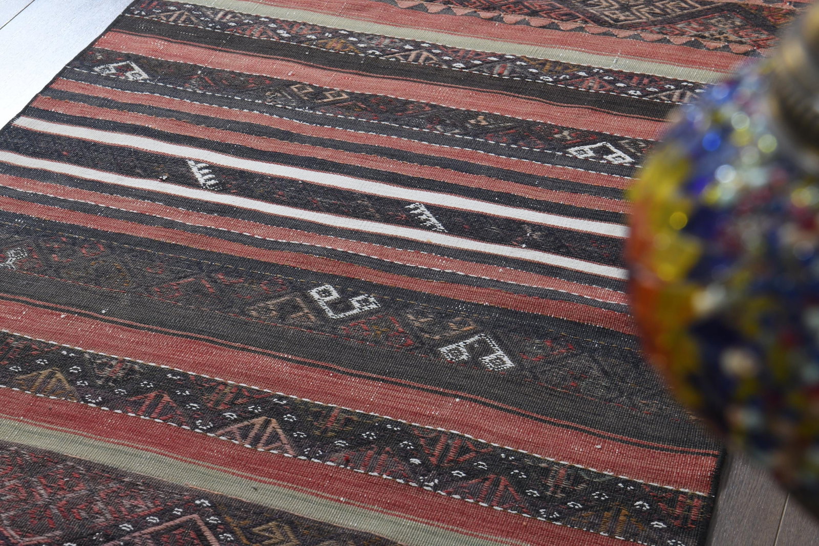 3'1x13'5 ft, TURKISH RUNNER RUG: Title: 3'1x13'5 ft, TURKISH RUNNER RUG Description: This Turkish one-of-a-kind Vintage Flatweave Kilim Rug is hand-knotted and handwoven by the most skilled artisans who use pure wool, in vibrant, nat