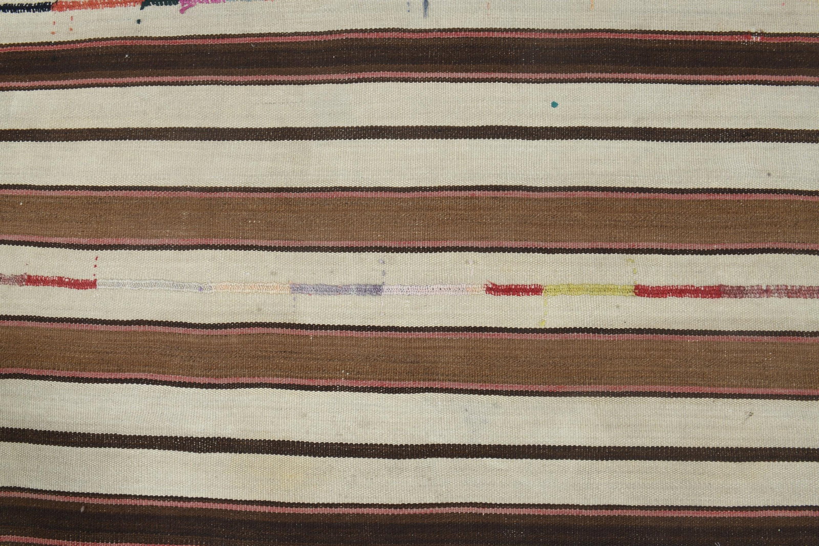 5.7x7.3 Minimalist Striped Vintage Kilim, Earth Tone: Title: 5.7x7.3 Minimalist Striped Vintage Kilim, Earth Tone Description: This Turkish one-of-a-kind Vintage Flatweave Kilim Rug is hand-knotted and handwoven by the most skilled artisans who use pure 