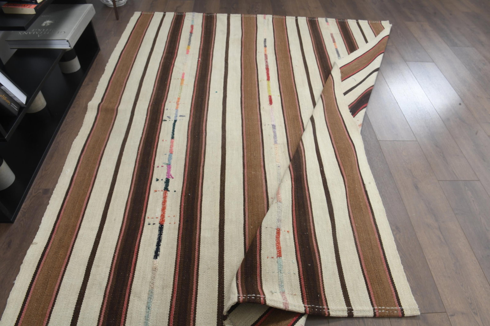 5.7x7.3 Minimalist Striped Vintage Kilim, Earth Tone - 2