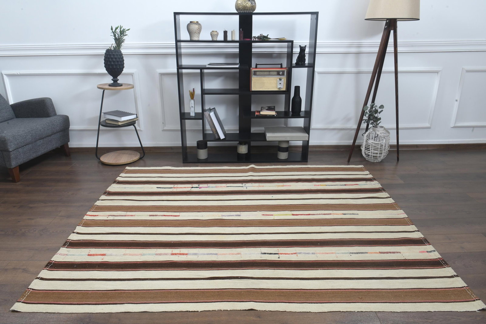 5.7x7.3 Minimalist Striped Vintage Kilim, Earth Tone - 9