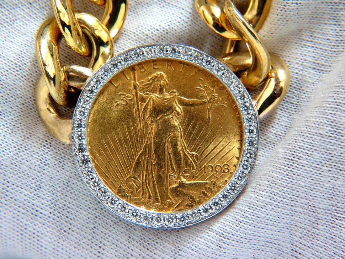 1908 LIBERTY FINE GOLD COIN 2.00CT DIAMONDS LINK NECKLACE 10286** - 2
