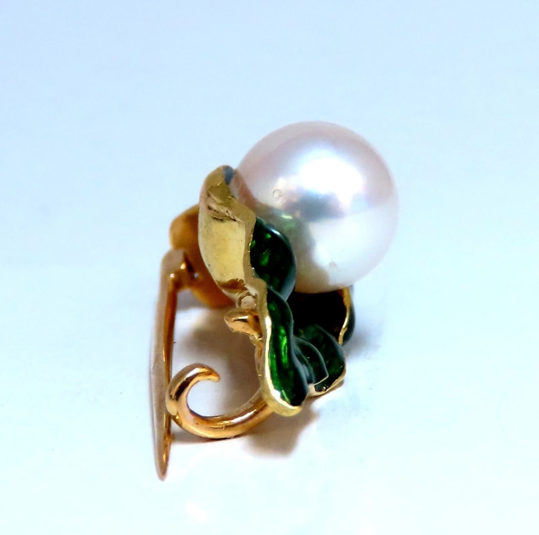 18kt Gold Enamel Leaf Pearl Pin** - 3