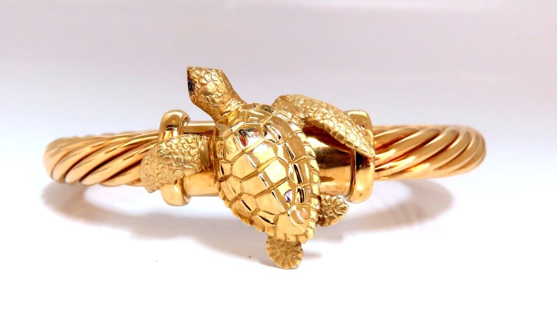 Turtle Candy Cane Twist Bangle 14kt**: Title: Turtle Candy Cane Twist Bangle 14kt** Description: Turtle Crawled on Bangle Bracelet Intricate Details Durable, Well Made 29 x 24mm turtle 7mm wide Bangle 14kt. yellow gold 33.8 Grams. Should