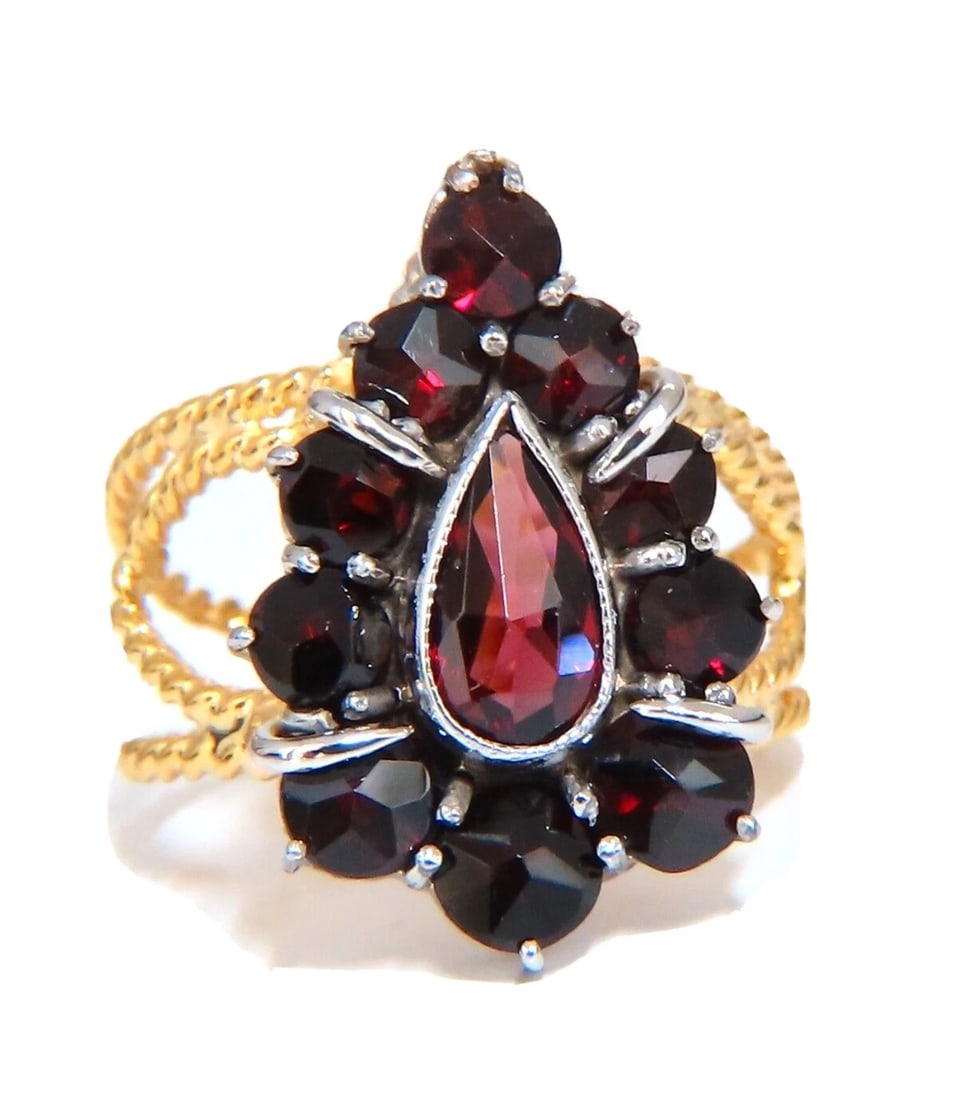 2ct. Natural pear shape and old mine garnets vintage ring 14kt**: Title: 2ct. Natural pear shape and old mine garnets vintage ring 14kt** Description: Pear shaped and cushion garnet cluster halo ring. Center 6.7 x 4.2mm Deck of ring 19x13 mm Depth of ring 5.3 mm 14 