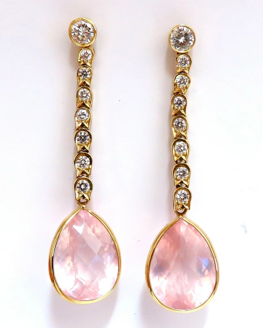 36.34ct Natural Rose Quartz Diamond Dangle Earrings 14 Karat Pink Flash**: Title: 36.34ct Natural Rose Quartz Diamond Dangle Earrings 14 Karat Pink Flash** Description: Natural 33.84ct Rose Quartz Dangle Earrings. Pear Shaped, Checkerboard cut. 18.5 x 15mm Diamonds Total Wei