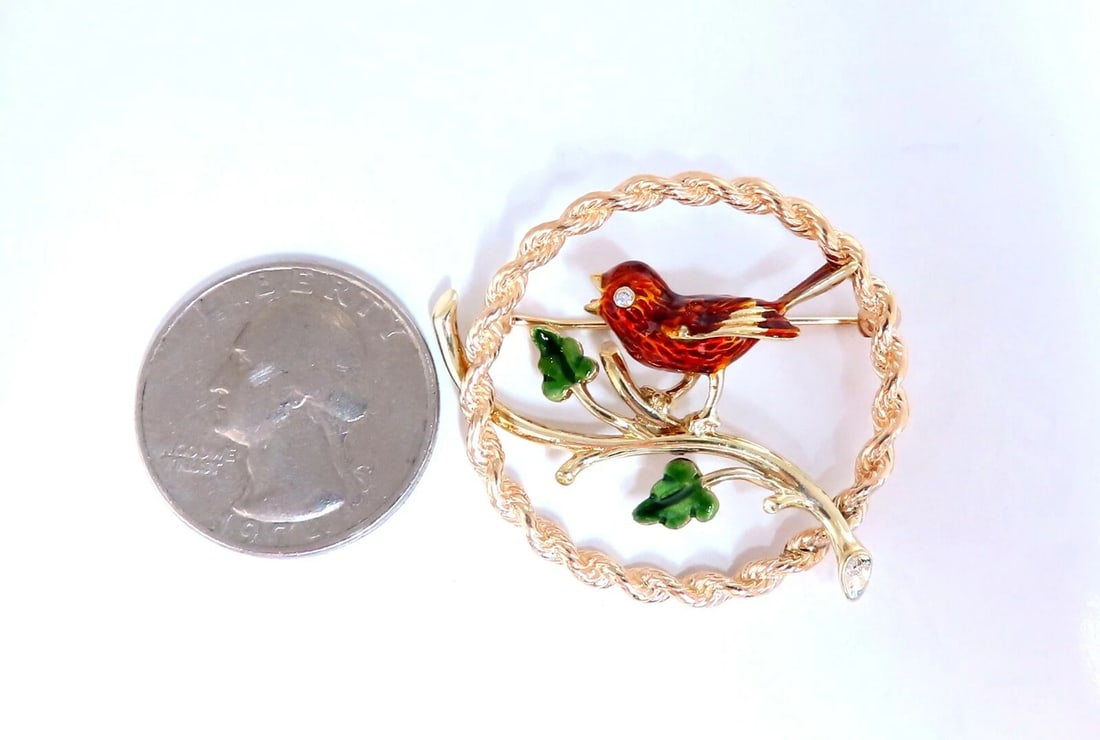 Enamel Chirping Bird Brooch Pin 14kt** - 4