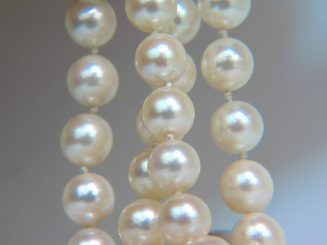 7.50mm JAPANESE DOUBLE STRANDED PEARLS .75CT DIAMONDS CLASP NECKLACE 14kt** - 2