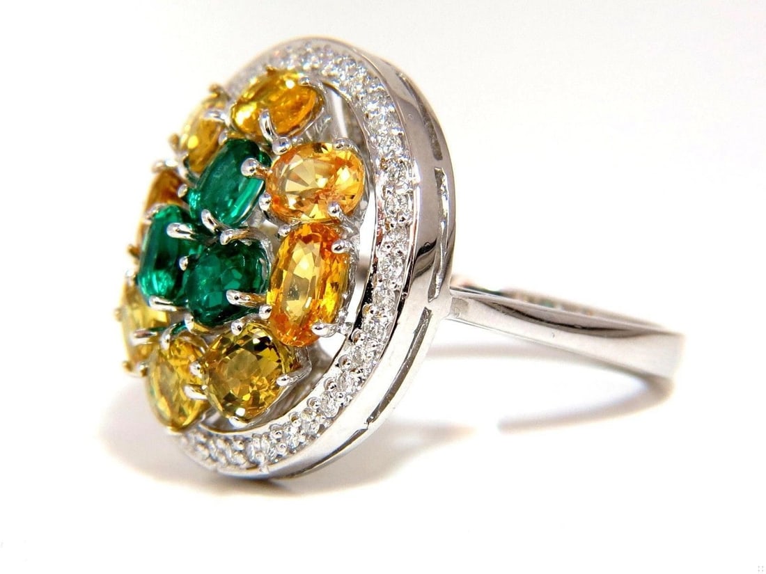 5.12CT NATURAL FANCY YELLOW SAPPHIRES VIVID GREEN EMERALDS CLUSTER RING 10003** - 11