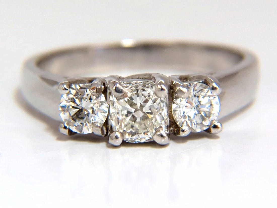 1.08CT CLASSIC THREE NATURAL CUSHION & ROUNDS DIAMOND RING 14KT**: Title: 1.08CT CLASSIC THREE NATURAL CUSHION & ROUNDS DIAMOND RING 14KT** Description: Cushion & Rounds .58ct. Center Cushion diamond & .40ct. side diamonds ring. Classic Three Center diamond: Cushion 