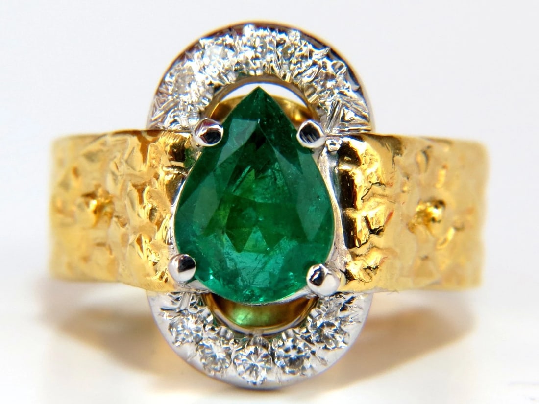 18KT GOLD 1.90CT NATURAL EMERALD DIAMOND RING HAMMERED DECO** - 4