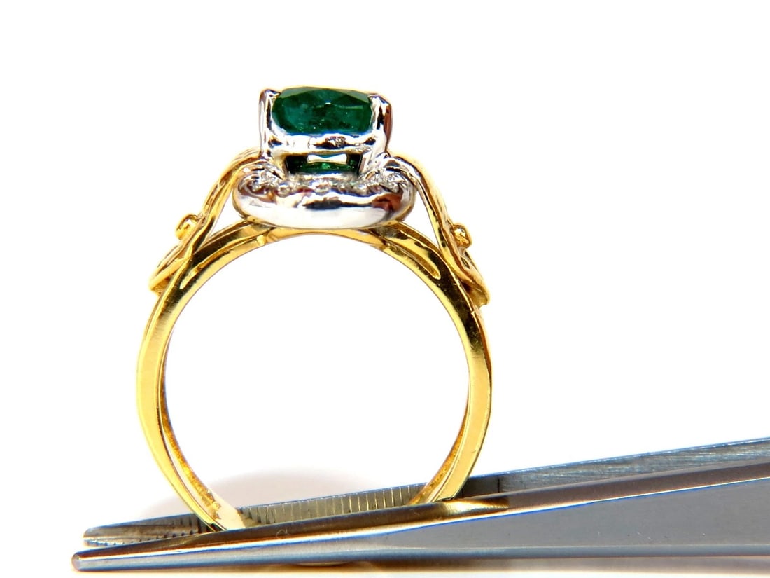 18KT GOLD 1.90CT NATURAL EMERALD DIAMOND RING HAMMERED DECO** - 5