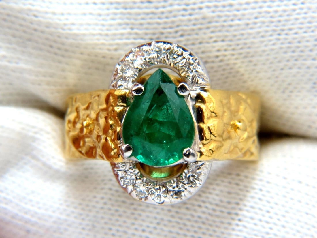 18KT GOLD 1.90CT NATURAL EMERALD DIAMOND RING HAMMERED DECO** - 8