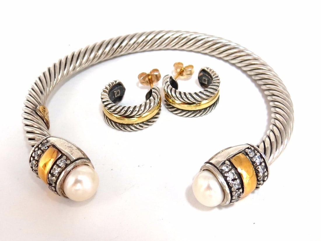 14kt. gold & silver Bangle / Earrings Suite**: Title: 14kt. gold & silver Bangle / Earrings Suite** Description: Bangle & Earrings 14kt. yellow gold & Silver Earrings measure .6 x .3 inch comfortable butterfly push backs .80ct white stones