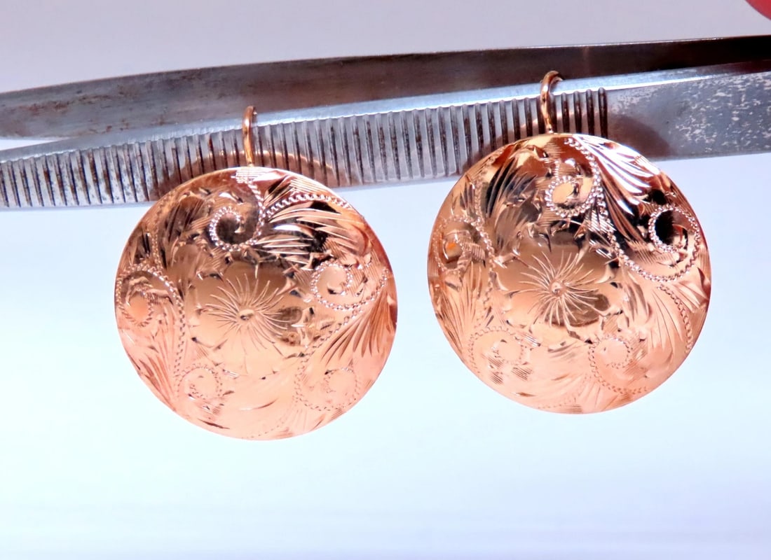 Detailed Engraved Vintage Restored Button Lever Wire Earrings 14kt Gold** - 2